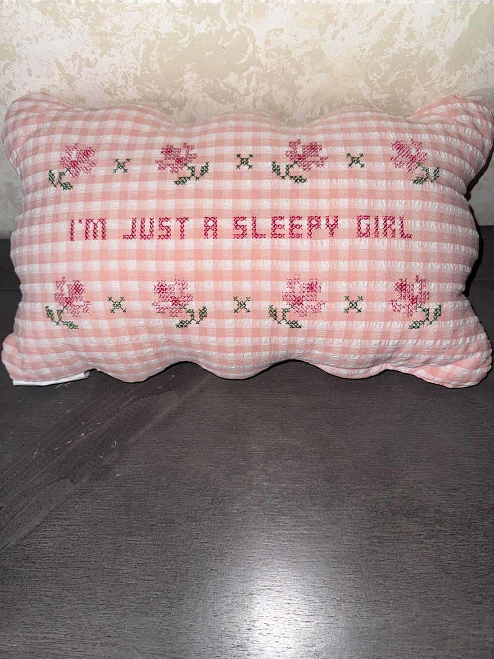 Pink Gingham Decorative Pillow with Embroidered Floral Accents